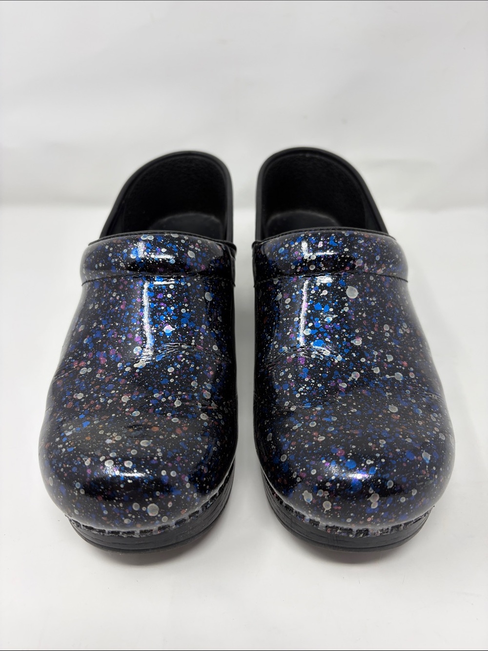 Dansko Glitter Galaxy Clogs - Black with Blue & Silver Speckle Size 8.5
